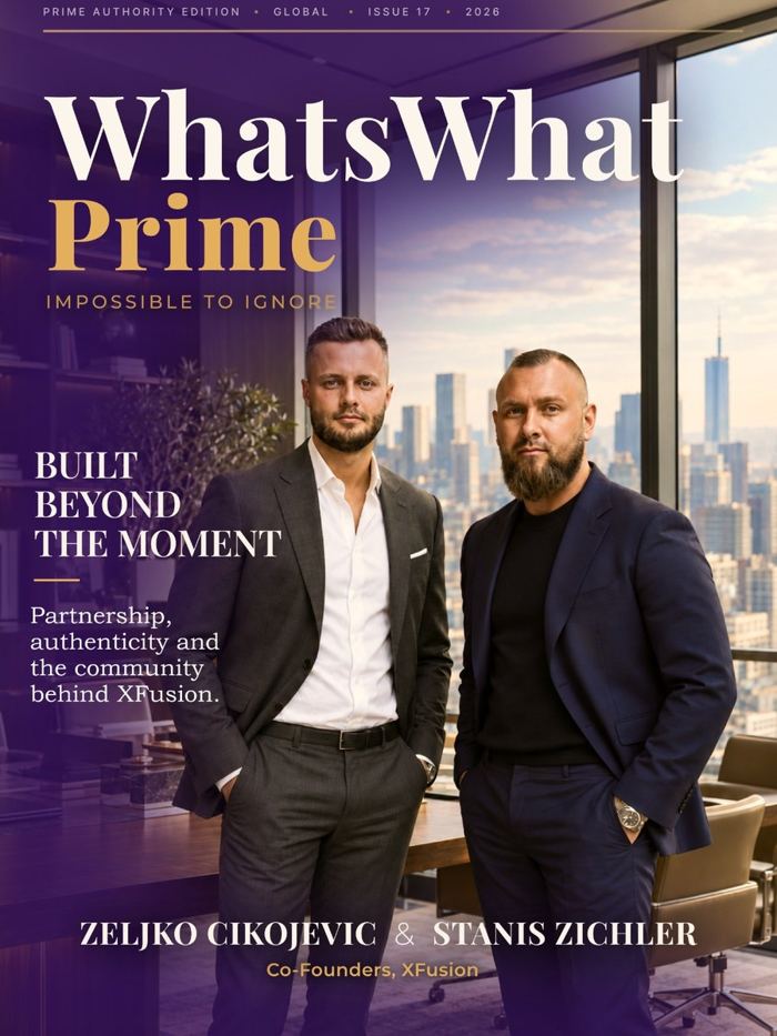 WhatsWhat Prime Issue 17 cover featuring XFusion co-founders Zeljko Cikojevic and Stanis Zichler in Dubai