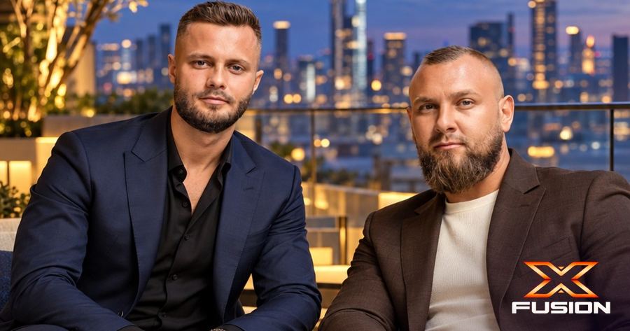 XFusion founders Stanis Zichler and Zeljko Cikojevic on a Dubai terrace at dusk