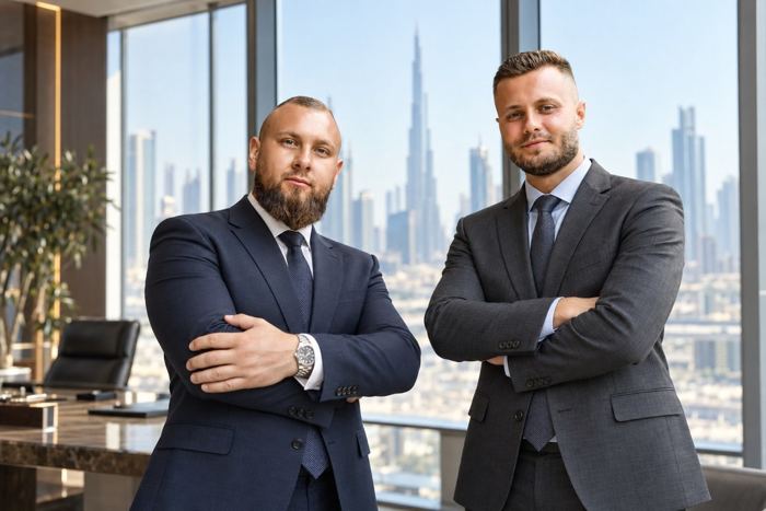 XFusion founders Zeljko Cikojevic and Stanis Zichler standing with arms crossed in an office overlooking Dubai