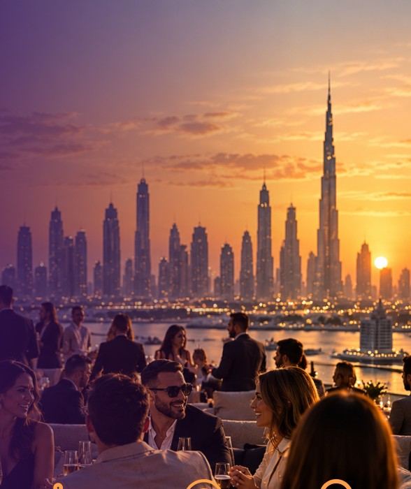 XFusion community members gathered on a Dubai terrace at sunset with the Burj Khalifa in view