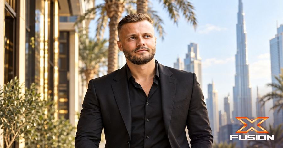 XFusion co-founder Zeljko Cikojevic walking along a palm-lined avenue in Dubai