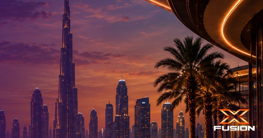 Dubai skyline at night with the Burj Khalifa and the XFusion logo