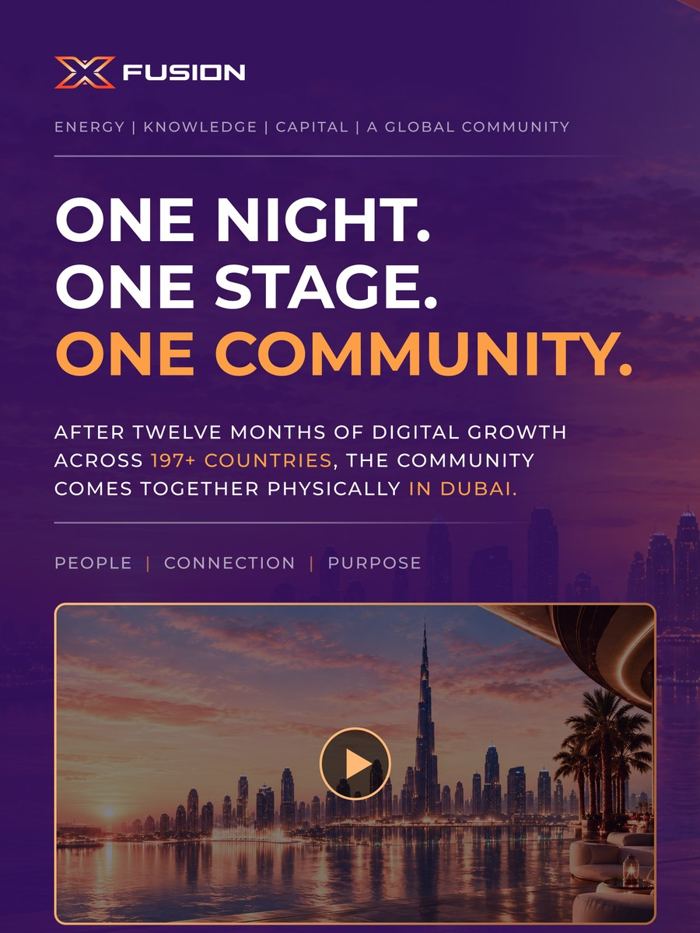 XFusion poster reading One Night, One Stage, One Community for the first anniversary in Dubai